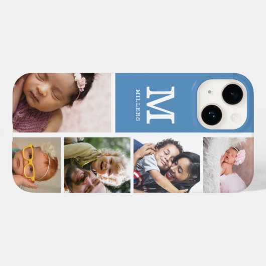 5 Foto Collage Familie Monogram Naam Slate Blue Case-Mate iPhone Case (Achterkant (horizontaal))