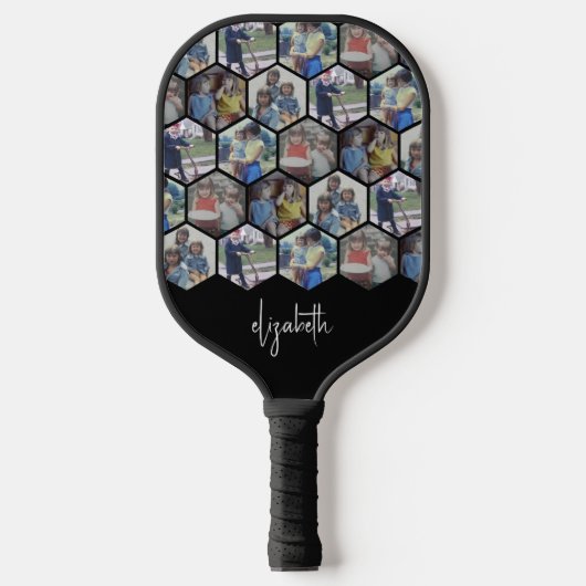5 Foto Collage - funky hexagon patroon - naam Pickleball Paddle (Voorkant)