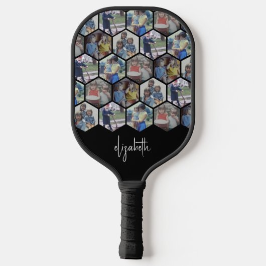 5 Foto Collage - funky hexagon patroon - naam Pickleball Paddle (Achterkant)