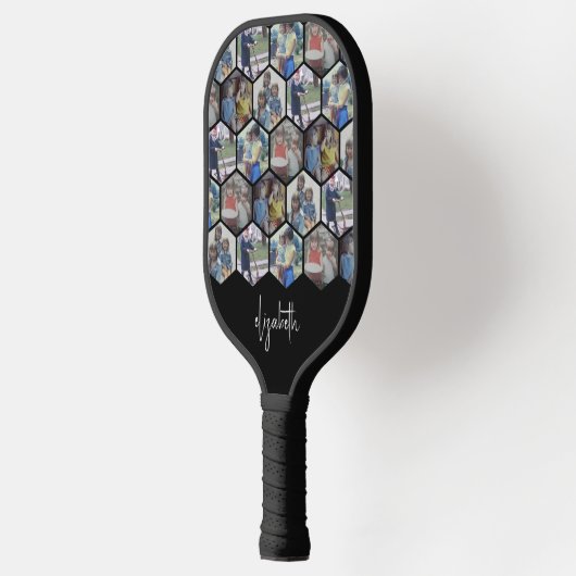 5 Foto Collage - funky hexagon patroon - naam Pickleball Paddle (Links)