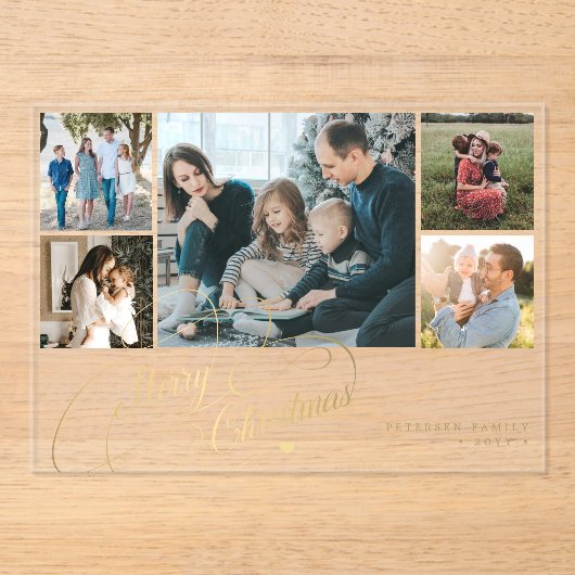 5 foto collage goud Vrolijk Kerstscript kaart Acryl Uitnodigingen (Voorkant)