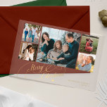 5 foto collage goud Vrolijk Kerstscript kaart Acryl Uitnodigingen<br><div class="desc">Elegante stijlvolle Merry Christmas faux gouden klassieke kalligrafie script vijf familie foto's duidelijke transparante acryl vakantie kaart met uw aangepaste gepersonaliseerde tekst aan beide zijden.         LET OP: de achtergrondkleur is bewerkbaar. U kunt deze wijzigen nadat u de optie AANPASSEN hebt geselecteerd in het menu PERSONALISEREN.</div>