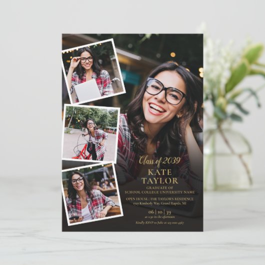 5 Foto Collage Gouden Afstudeerfeest  Kaart (Staand voorkant)