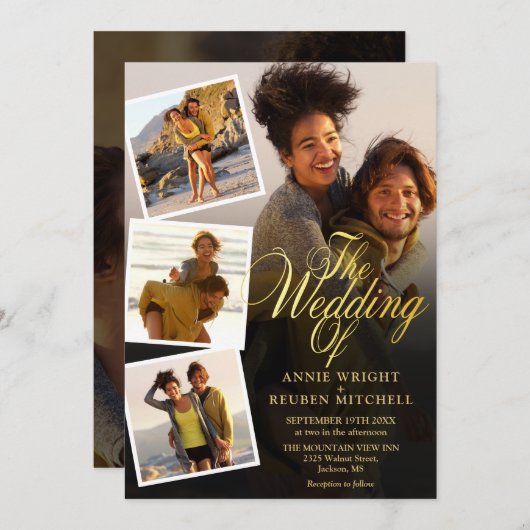 5 Foto Collage Gouden Script QR Code Trouwen Kaart (Voorkant / Achterkant)