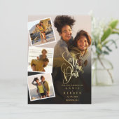 5 Foto Collage Huwelijk Gouden Script QR Code Save The Date (Staand voorkant)