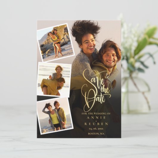 5 Foto Collage Huwelijk Gouden Script QR Code Save The Date (Staand voorkant)