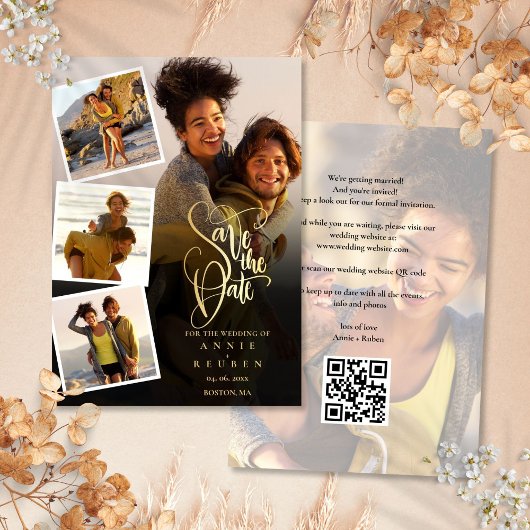 5 Foto Collage Huwelijk Gouden Script QR Code Save The Date