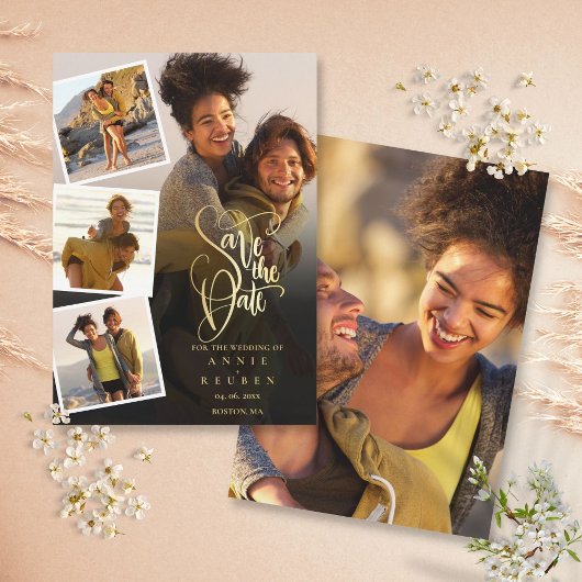 5 Foto Collage Huwelijk Gouden Script Save The Date