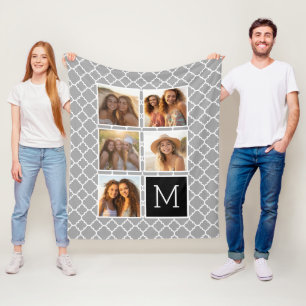 5 Foto Collage Monogram - Grijs Patroon en Zwart Fleece Deken