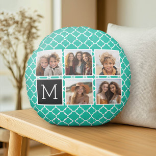 5 Foto Collage Monogram - Smaragdgroen en Zwart Rond Kussen