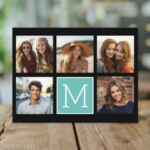5 Foto Collage Monogram - Zwart en Turquoise Briefkaart