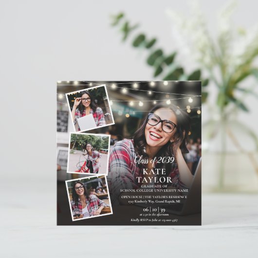 5 Foto Collage Slingerlichten Afstudeerfeest Kaart (Staand voorkant)