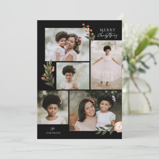 5 Foto Collage Terracotta Boho Floral Kerstmis Feestdagenkaart (Staand voorkant)