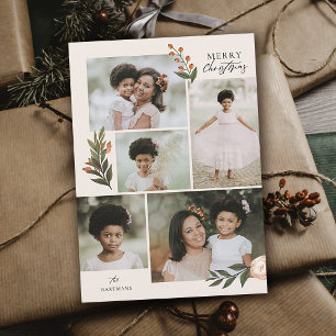 5 Foto Collage Terracotta Boho Floral Kerstmis Feestdagenkaart