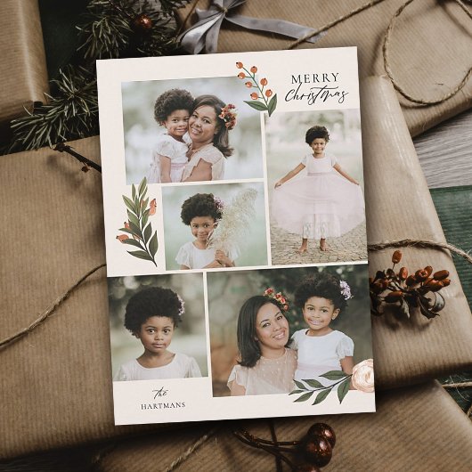 5 Foto Collage Terracotta Boho Floral Kerstmis Feestdagenkaart