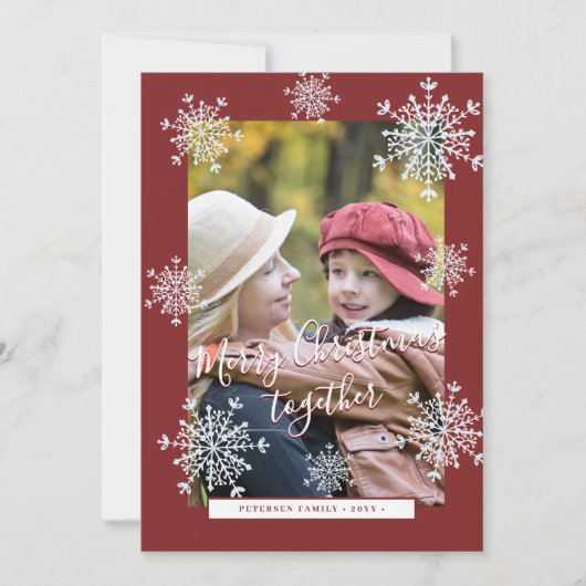 5 foto collage Vrolijk Kerstmis sneeuwvlokken rood Feestdagenkaart (Voorkant)