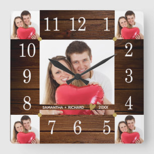 5 Foto Collage Wedding Jubileum Rustic Wood Vierkante Klok