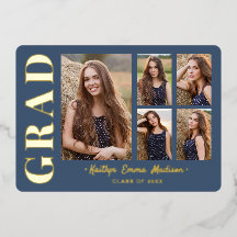 5 Foto Grad Collage Stofblauw & Goud Folie Kaart