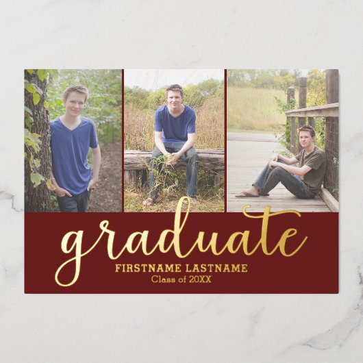 5 Foto Graduation Party Modern Script Gold Folie Uitnodiging (Voorkant)