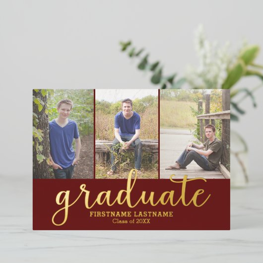 5 Foto Graduation Party Modern Script Gold Folie Uitnodiging (Staand Voorkant)