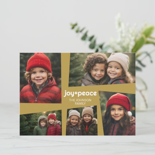 5 Foto Holiday Collage Retro Joy and Peace - Gold Feestdagenkaart (Staand voorkant)