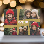 5 Foto Holiday Collage Retro Joy and Peace - Gold Feestdagenkaart<br><div class="desc">Een funky postmodern fotocollage lijst met een retro vibe. Getoond in goudtinten,  toont deze vakantiekaart 5 van uw favoriete foto's. Gebruik vijf afbeeldingen om een uniek en trendy Merry Christmas-memento te maken. Als u iets wilt verplaatsen,  klikt u op de knop Aanpassen om wijzigingen aan te brengen.</div>