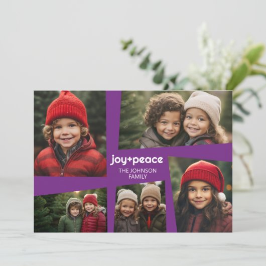 5 Foto Holiday Collage Retro Joy en Peace Paars Feestdagenkaart (Staand voorkant)