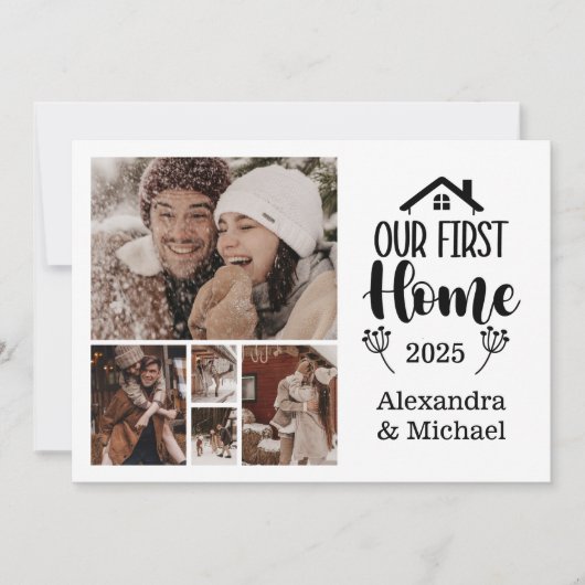 5 foto minimalistische kerst ons eerste huis feestdagenkaart (Voorkant)