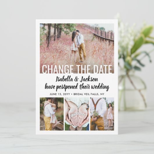 5 Foto Modern Minimal Weddenschap Postpone | Wijzi Save The Date (Staand voorkant)