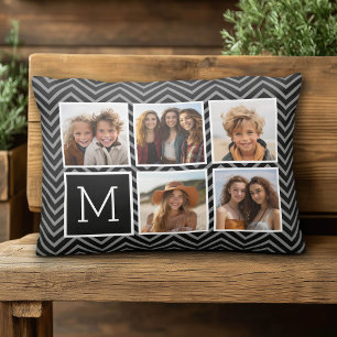 5 foto-raster met zwarte chevrons en monogram accent kussen