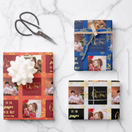 5 Foto Red Blue Black Merry Kerstmis. Inpakpapier Vel