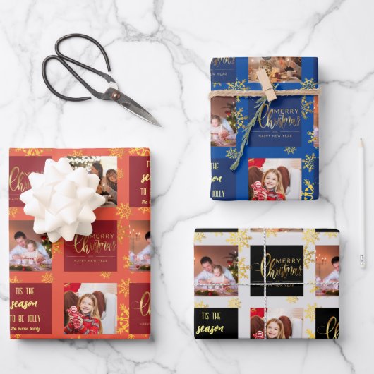 5 Foto Red Blue Black Merry Kerstmis. Inpakpapier Vel (Voorkant)