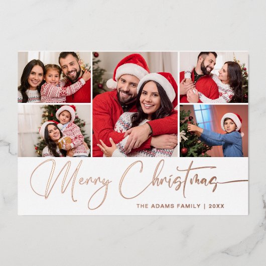 5 FOTO Roos met kerstcadeautjes voor feestjes Gold Folie Feestdagenkaart (Voorkant)