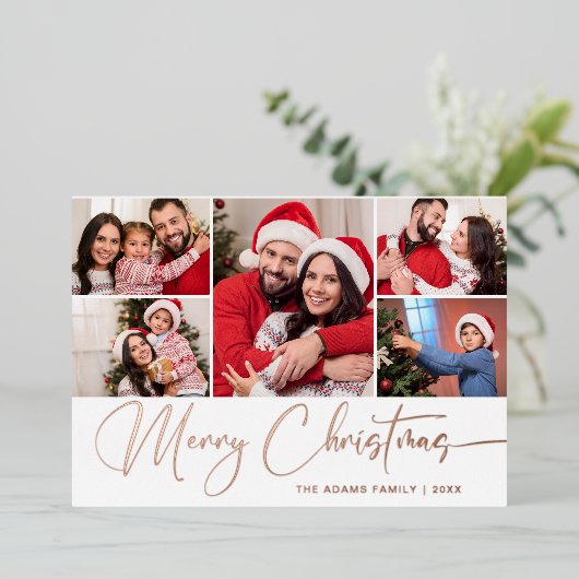 5 FOTO Roos met kerstcadeautjes voor feestjes Gold Folie Feestdagenkaart (Staand Voorkant)