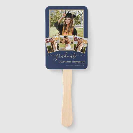 5 Foto Simple Afstuderen Navy Blue en Gold Handwaaier (Voorkant)
