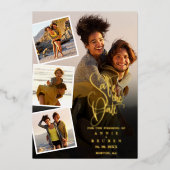 5 Fotocollage Bruiloft Goud Script Save The Date Folie Uitnodiging (Voorkant)