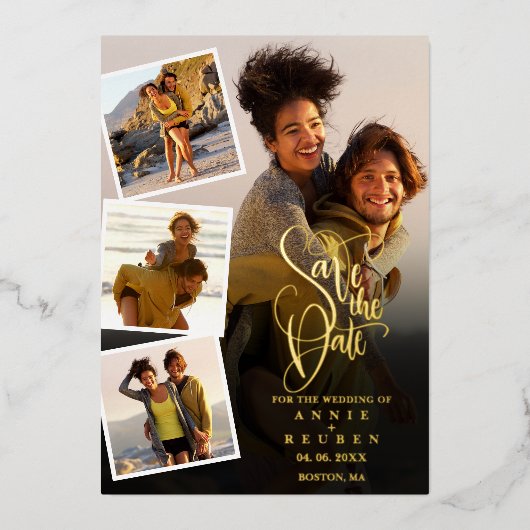 5 Fotocollage Bruiloft Goud Script Save The Date Folie Uitnodiging (Voorkant)