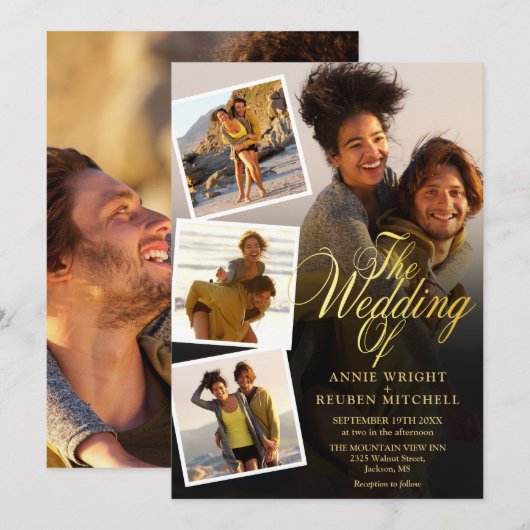 5 Fotocollage Elegant Gold Script Wedding Kaart (Voorkant / Achterkant)