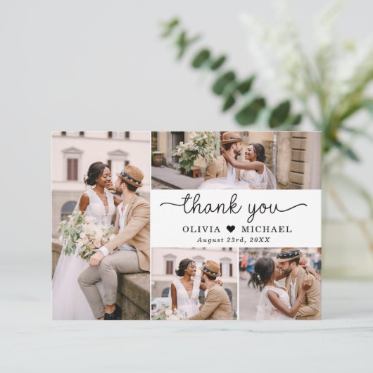 5 Fotocollage Elegant Script Wedding Bedankkaart (Staand voorkant)