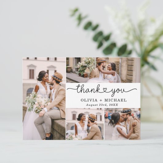 5 Fotocollage Elegant Script Wedding Bedankkaart (Staand voorkant)