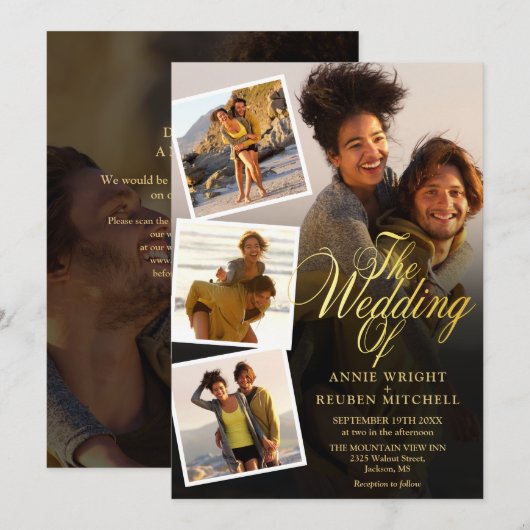 5 Fotocollage Gold Script QR Code Wedding Kaart (Voorkant / Achterkant)