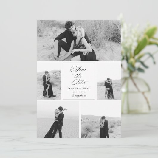 5 Fotocollage Monochrome Zwart-witte bruiloft Save The Date (Staand voorkant)