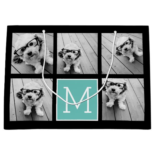 5 Fotocollage Monogram Zwart en Blauwgroen Groot Cadeauzakje (Voorkant)