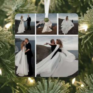 5 Fotocollage Onze eerste kerst bruiloft paar Metalen Ornament