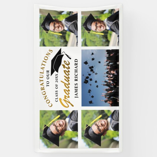 5 Fotocollage Zwart en Goud Afstuderen 2025 Spandoek (Verticaal)