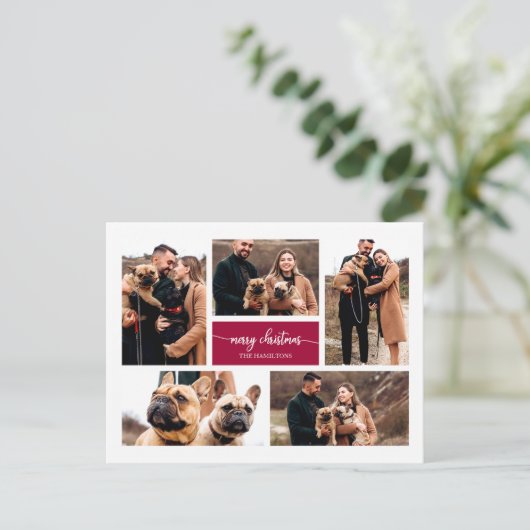 5 Foto's Collage Chic Script Merry Kerstmis Briefkaart (Staand voorkant)