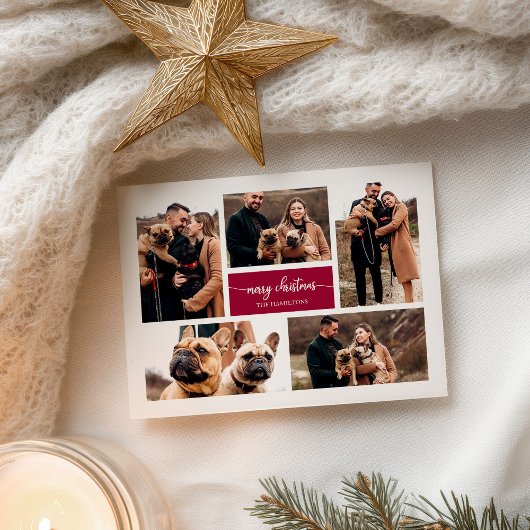5 Foto's Collage Chic Script Merry Kerstmis Briefkaart