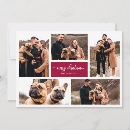 5 Foto's Collage Chic Script Merry Kerstmis Kaart (Voorkant)