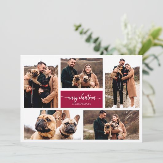 5 Foto's Collage Chic Script Merry Kerstmis Kaart (Staand voorkant)