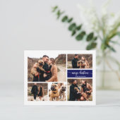 5 foto's Collage Chic Script Vrolijk Kerstblauw Briefkaart (Staand voorkant)